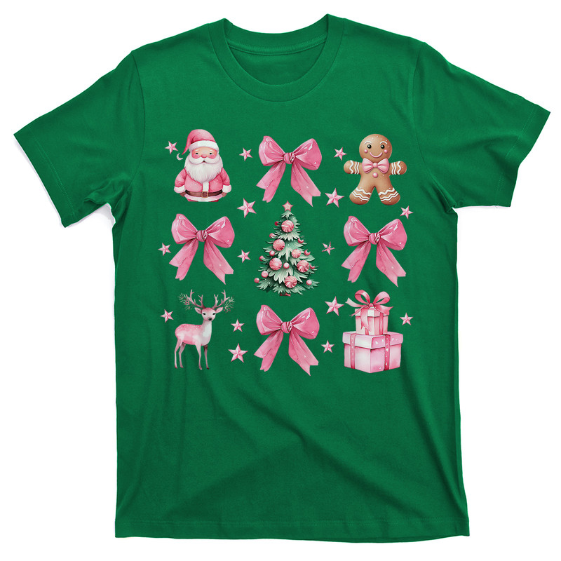 Cute Coquette Bow Pink Christmas Tree Santa Gingerbread Xmas T-Shirt