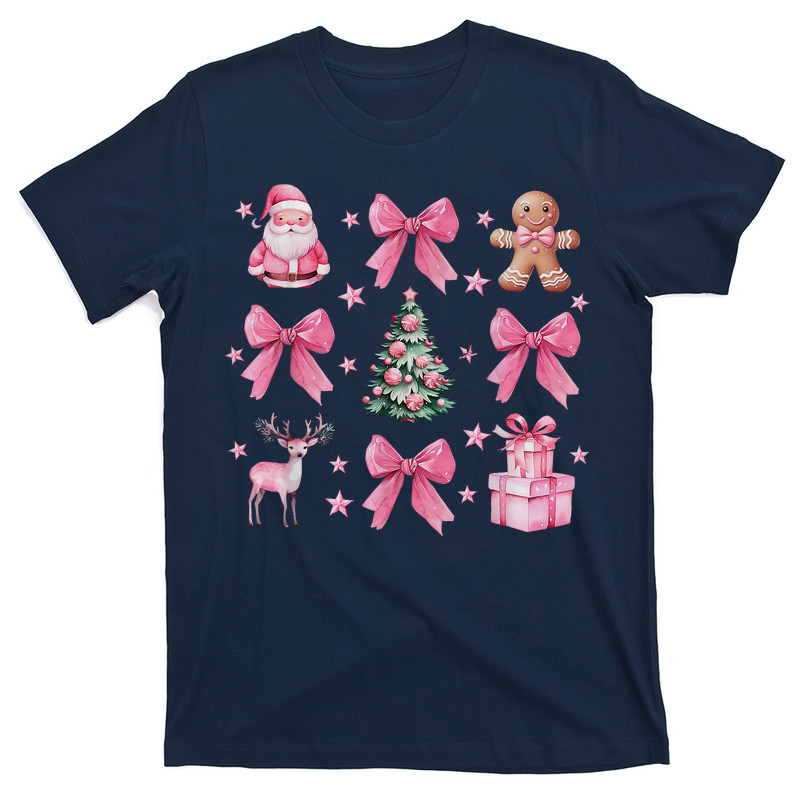 Cute Coquette Bow Pink Christmas Tree Santa Gingerbread Xmas T-Shirt