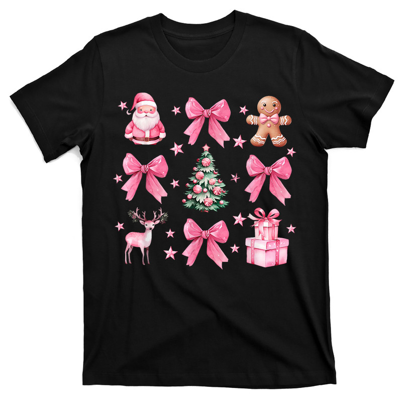 Cute Coquette Bow Pink Christmas Tree Santa Gingerbread Xmas T-Shirt