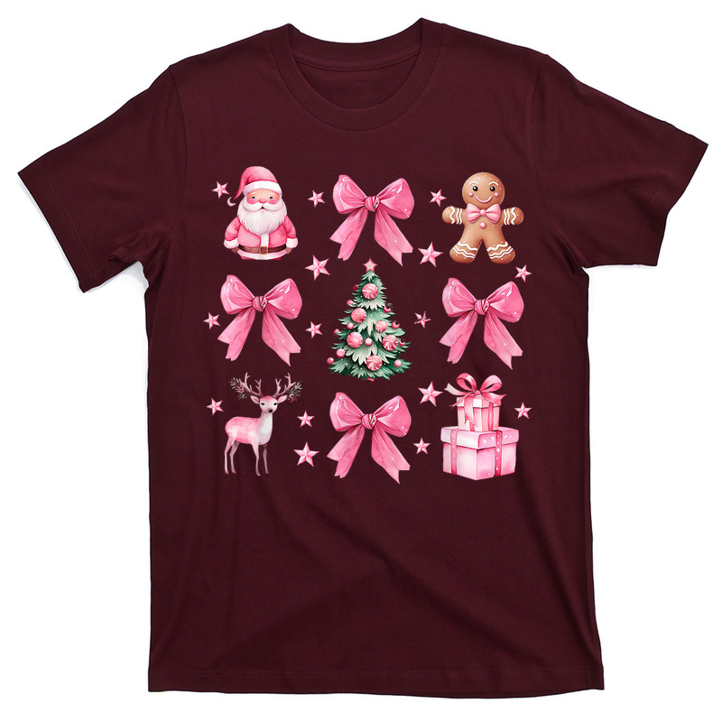 Cute Coquette Bow Pink Christmas Tree Santa Gingerbread Xmas T-Shirt