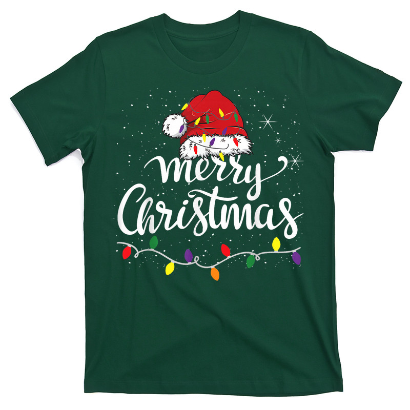 Merry Christmas Lights Red Santa Hat Xmas Family T-Shirt