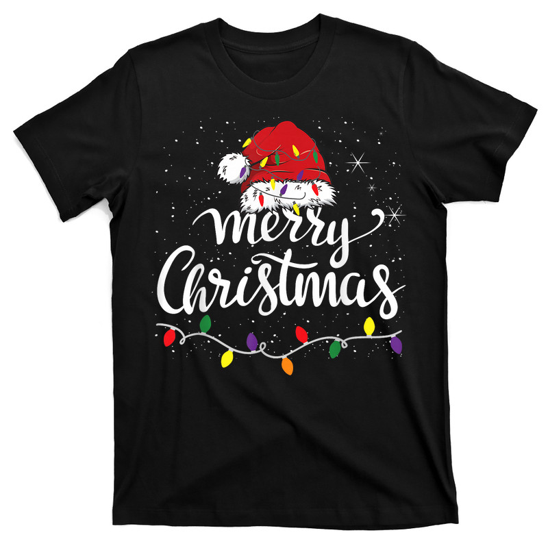 Merry Christmas Lights Red Santa Hat Xmas Family T-Shirt