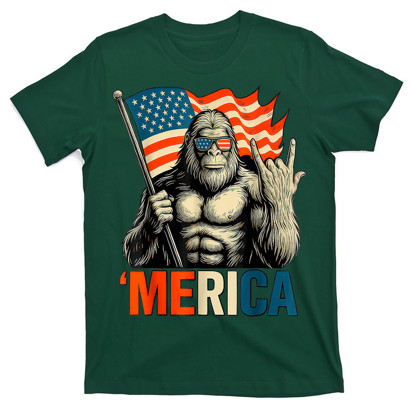 Bigfoot Merica Rock Patriotic American Flag 4th Of July T-shirt