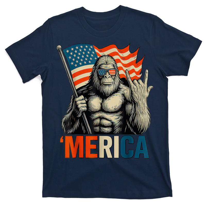 Bigfoot Merica Rock Patriotic American Flag 4th Of July T-shirt