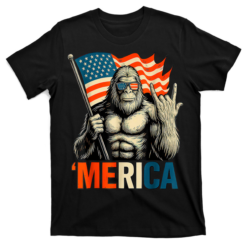 Bigfoot Merica Rock Patriotic American Flag 4th Of July T-shirt