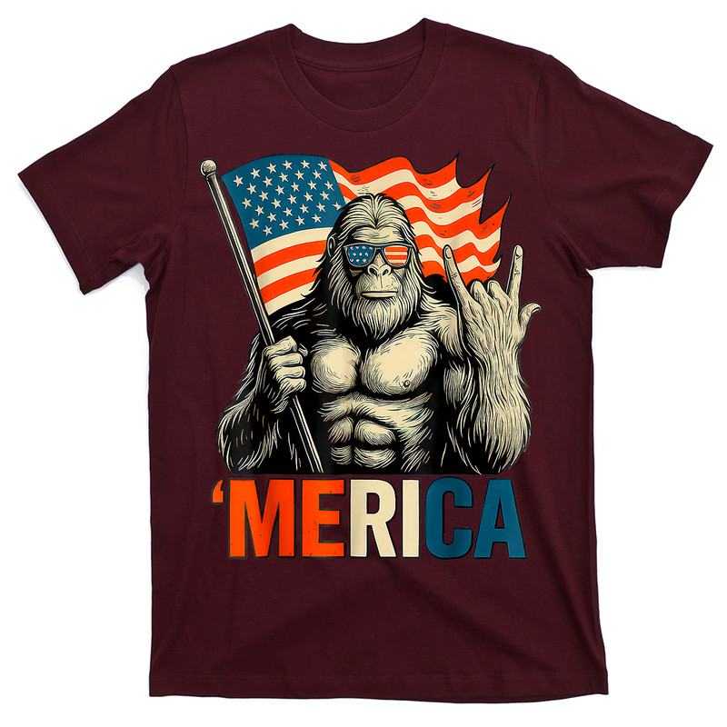 Bigfoot Merica Rock Patriotic American Flag 4th Of July T-shirt