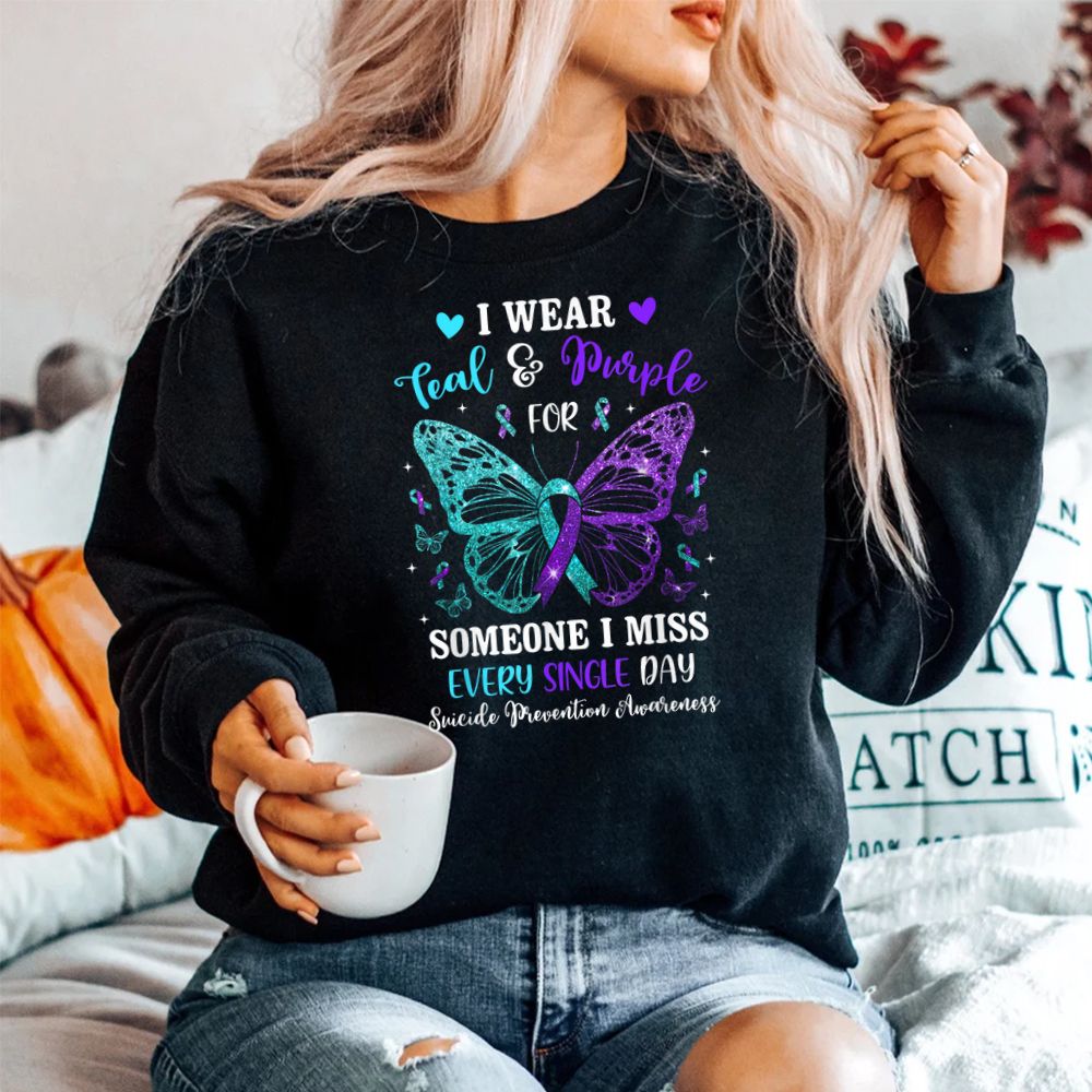 I Wear Teal And Purple Suicide Prevention Awareness Butterfly Shirt