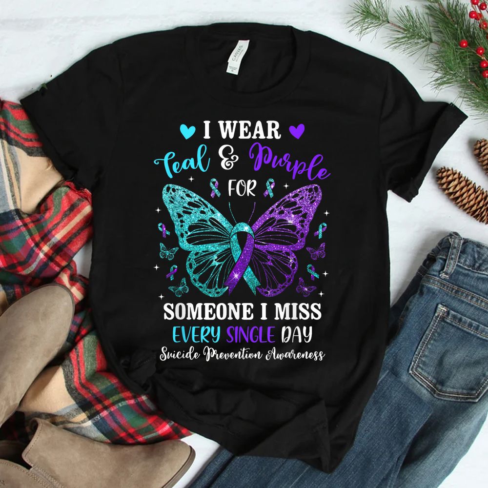 I Wear Teal And Purple Suicide Prevention Awareness Butterfly Shirt