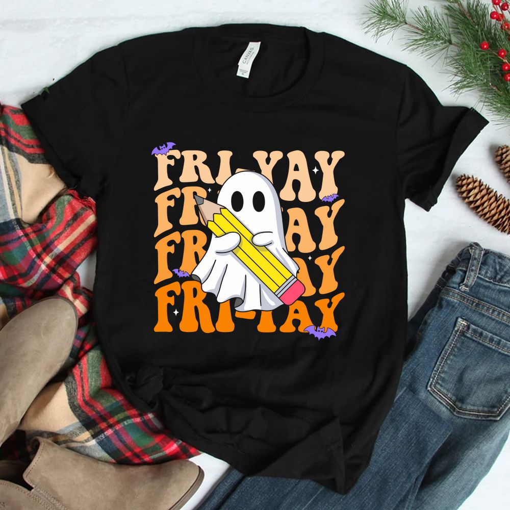 Happy Fri-Yay Friday Lovers Groovy Teacher Life Halloween Shirt