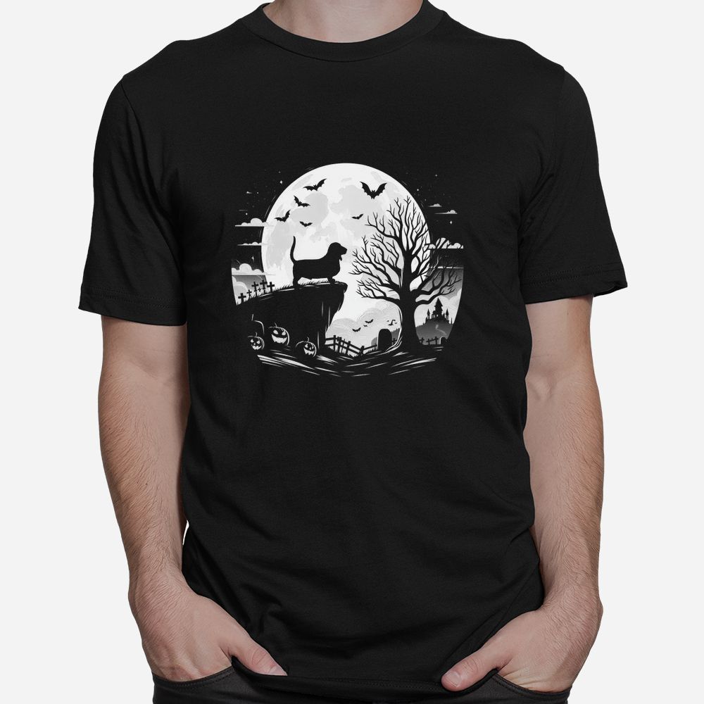 Basset Hound Dog And Moon Howl In Forest Dog Halloween Shirt